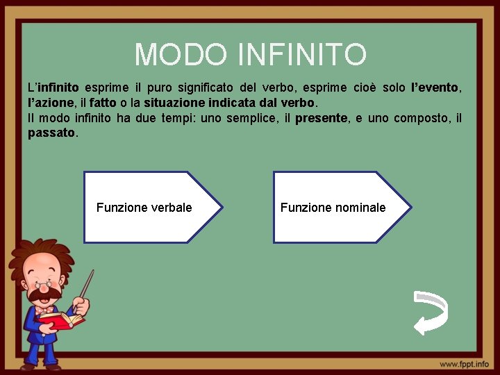 MODO INFINITO L’infinito esprime il puro significato del verbo, esprime cioè solo l’evento, l’azione,