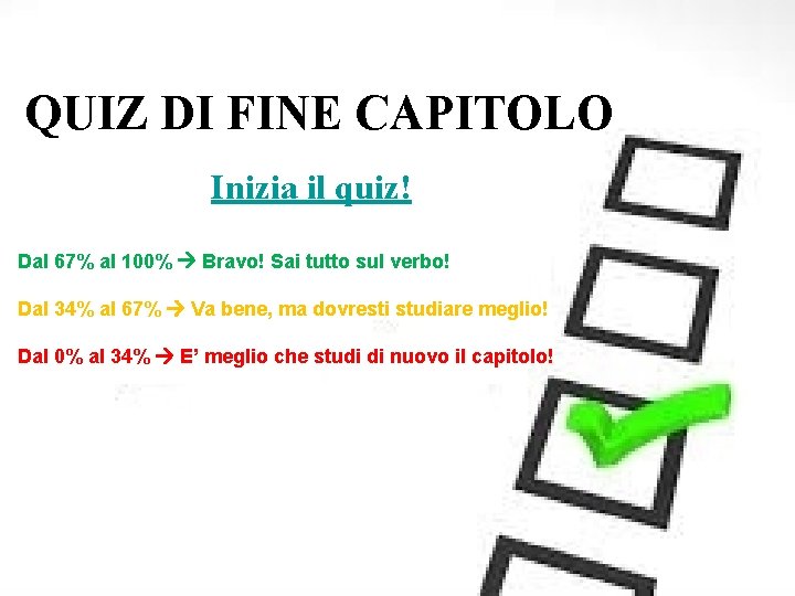 QUIZ DI FINE CAPITOLO Inizia il quiz! Dal 67% al 100% Bravo! Sai tutto