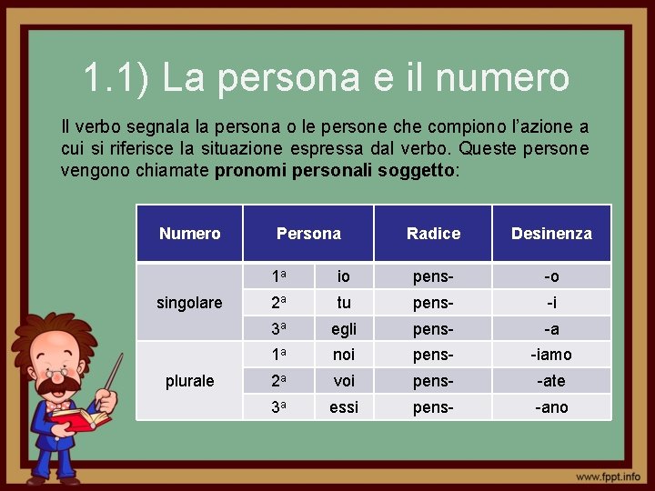 1. 1) La persona e il numero Il verbo segnala la persona o le