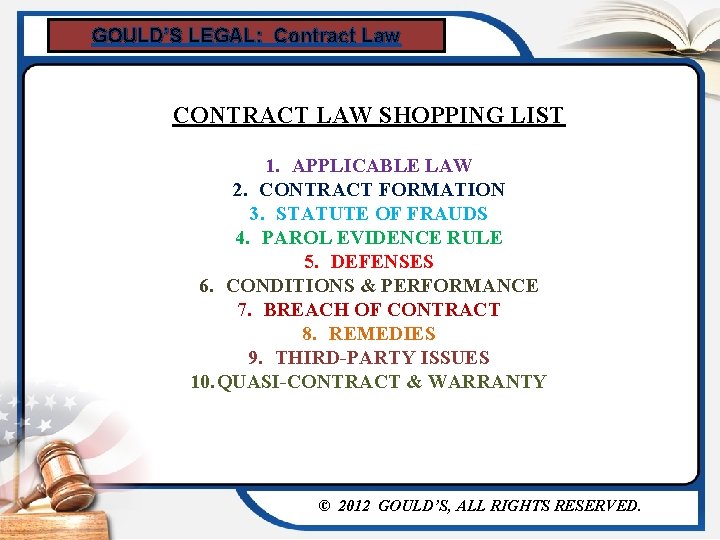 GOULD’S LEGAL: Contract Law CONTRACT LAW SHOPPING LIST 1. APPLICABLE LAW 2. CONTRACT FORMATION