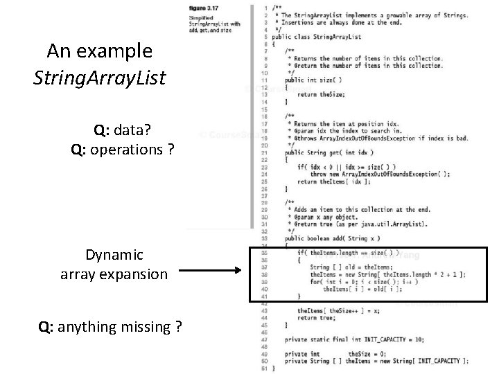 An example String. Array. List Q: data? Q: operations ? Dynamic array expansion Q: