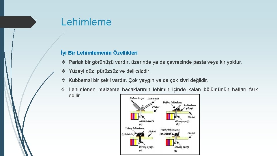 Lehimleme İyi Bir Lehimlemenin Özellikleri Parlak bir görünüşü vardır, üzerinde ya da çevresinde pasta