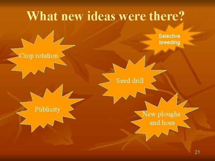 What new ideas were there? Selective breeding Crop rotation Seed drill Publicity New ploughs
