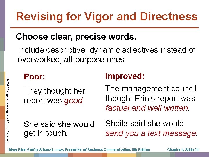 Revising for Vigor and Directness Choose clear, precise words. Include descriptive, dynamic adjectives instead