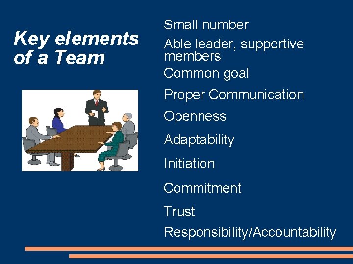 Key elements of a Team Small number Able leader, supportive members Common goal Proper