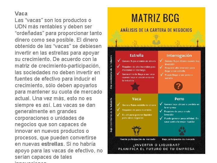 Vaca Las “vacas” son los productos o UDN más rentables y deben ser “ordeñadas”