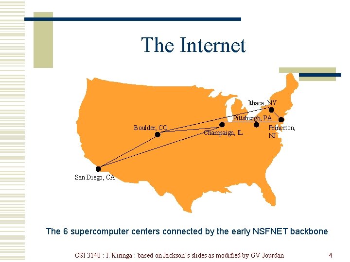 The Internet The 6 supercomputer centers connected by the early NSFNET backbone CSI 3140