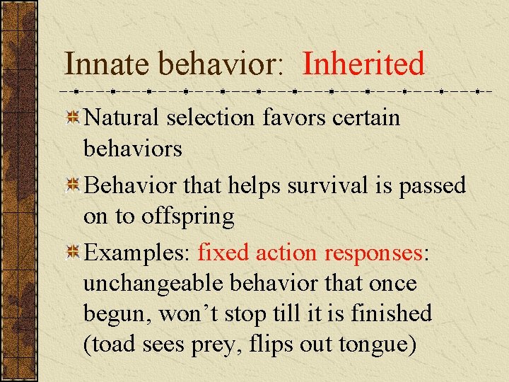 Innate behavior: Inherited Natural selection favors certain behaviors Behavior that helps survival is passed