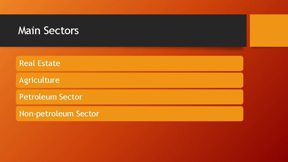 Main Sectors Real Estate Agriculture Petroleum Sector Non-petroleum Sector 