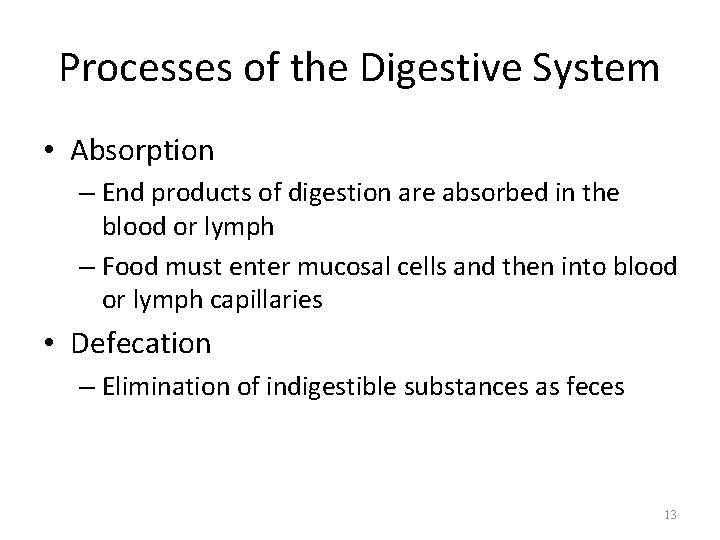 Processes of the Digestive System • Absorption – End products of digestion are absorbed