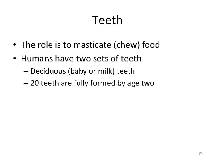 Teeth • The role is to masticate (chew) food • Humans have two sets