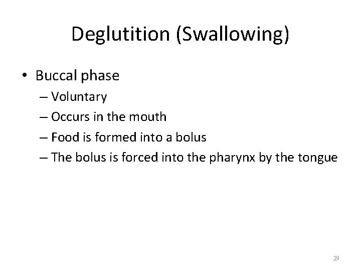 Deglutition (Swallowing) • Buccal phase – Voluntary – Occurs in the mouth – Food