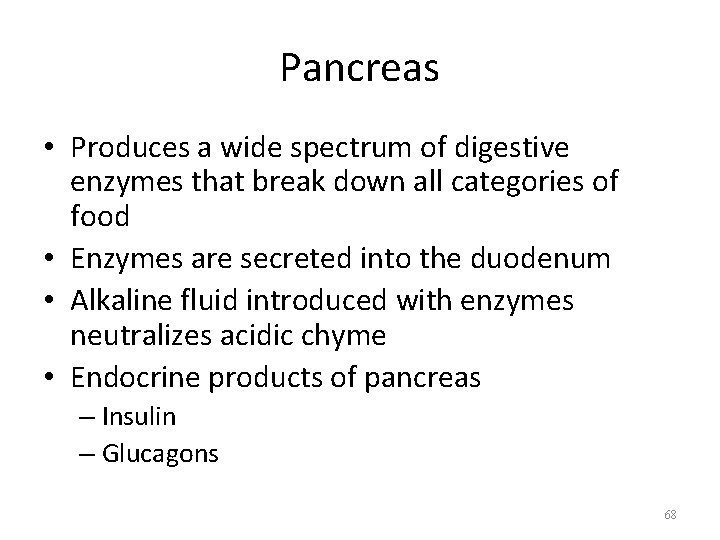 Pancreas • Produces a wide spectrum of digestive enzymes that break down all categories