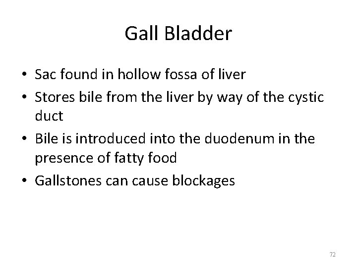 Gall Bladder • Sac found in hollow fossa of liver • Stores bile from