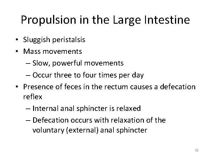 Propulsion in the Large Intestine • Sluggish peristalsis • Mass movements – Slow, powerful