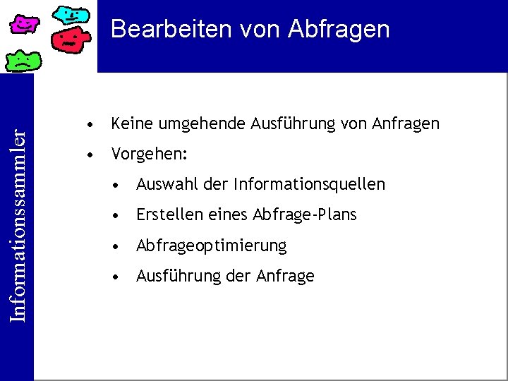 Informationssammler Bearbeiten von Abfragen • Keine umgehende Ausführung von Anfragen • Vorgehen: • Auswahl
