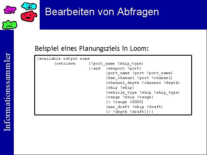 Bearbeiten von Abfragen Informationssammler Beispiel eines Planungsziels in Loom: (available output sims (retrieve (?