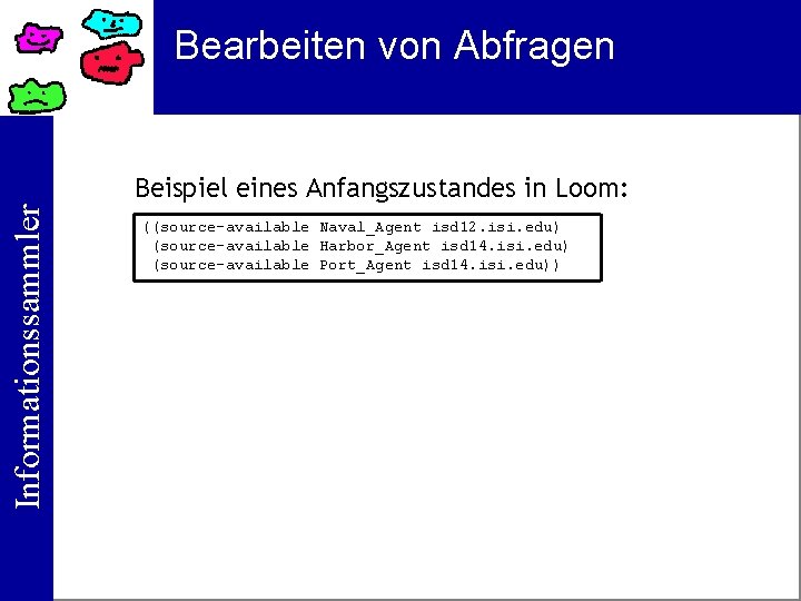 Bearbeiten von Abfragen Informationssammler Beispiel eines Anfangszustandes in Loom: ((source-available Naval_Agent isd 12. isi.