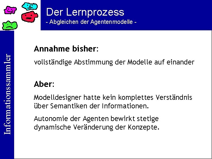 Der Lernprozess - Abgleichen der Agentenmodelle - Informationssammler Annahme bisher: vollständige Abstimmung der Modelle