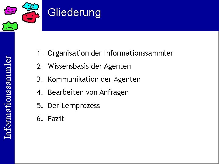 Informationssammler Gliederung 1. Organisation der Informationssammler 2. Wissensbasis der Agenten 3. Kommunikation der Agenten