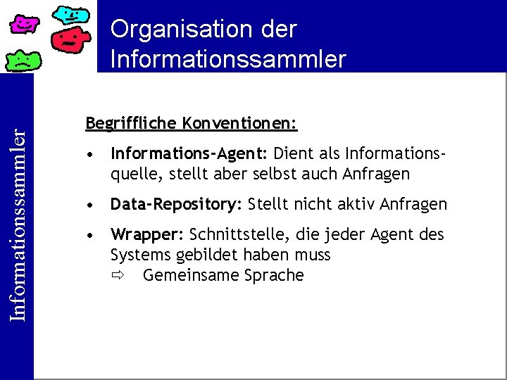 Informationssammler Organisation der Informationssammler Begriffliche Konventionen: • Informations-Agent: Dient als Informationsquelle, stellt aber selbst