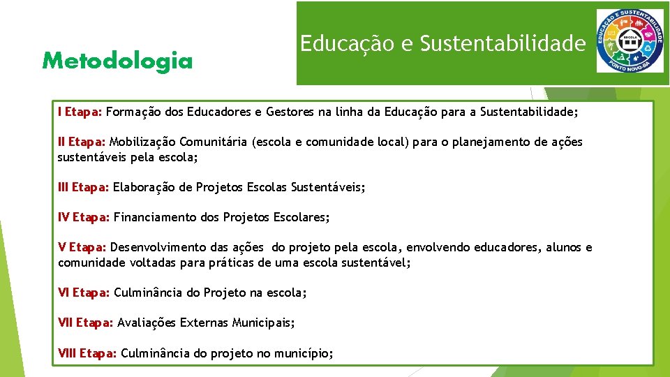 Metodologia Educação e Sustentabilidade I Etapa: Formação dos Educadores e Gestores na linha da