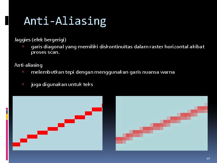 Anti-Aliasing Jaggies (efek bergerigi) garis diagonal yang memiliki diskontinuitas dalam raster horizontal akibat proses