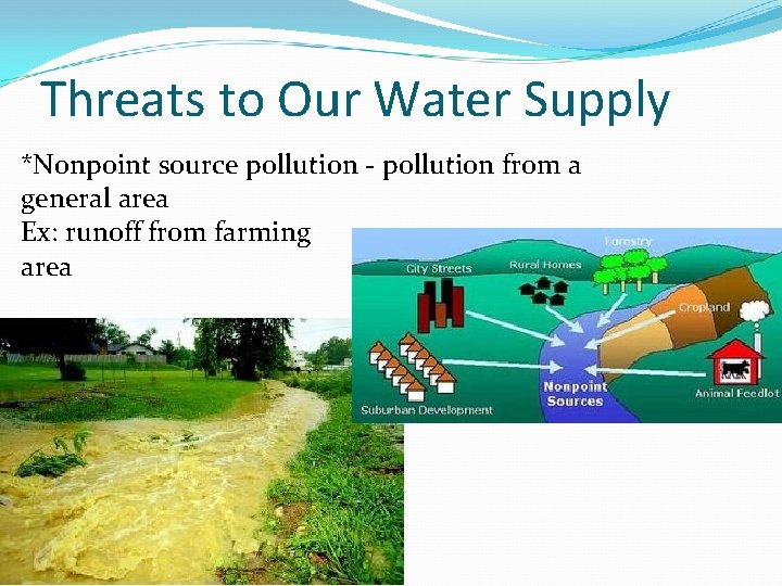 Threats to Our Water Supply *Nonpoint source pollution - pollution from a general area