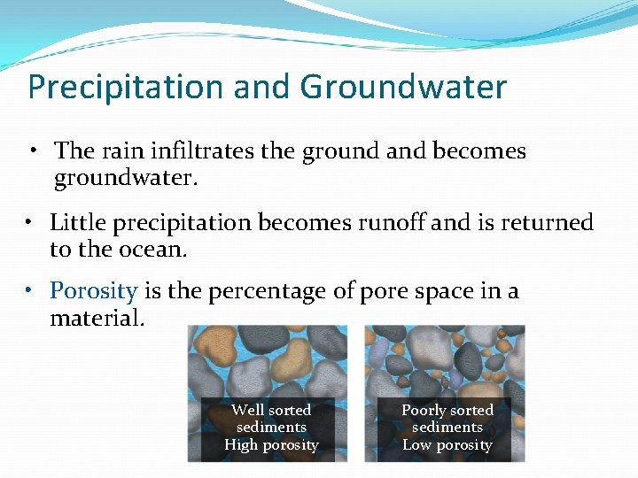 Precipitation and Groundwater • The rain infiltrates the ground and becomes groundwater. • Little