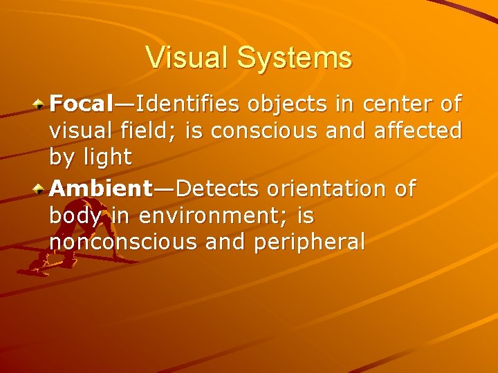 Visual Systems Focal—Identifies objects in center of visual field; is conscious and affected by Visual Systems Focal—Identifies objects in center of visual field; is conscious and affected by