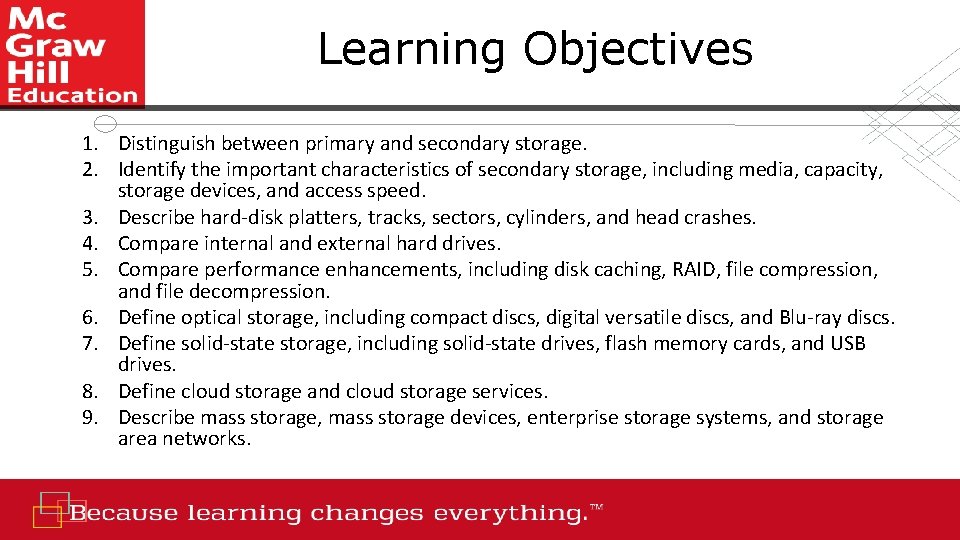 Learning Objectives 1. Distinguish between primary and secondary storage. 2. Identify the important characteristics