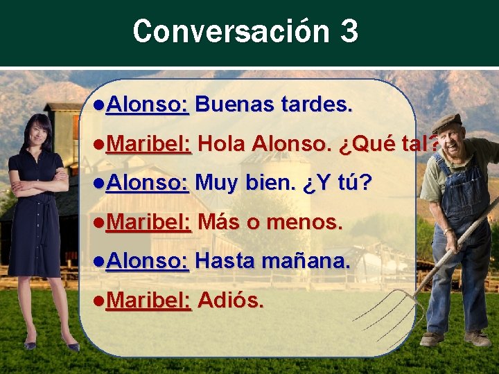 Conversación 3 ●Alonso: Buenas tardes. ●Maribel: Hola Alonso. ¿Qué tal? ●Alonso: Muy bien. ¿Y