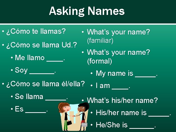 Asking Names • ¿Cómo te llamas? • ¿Cómo se llama Ud. ? • Me