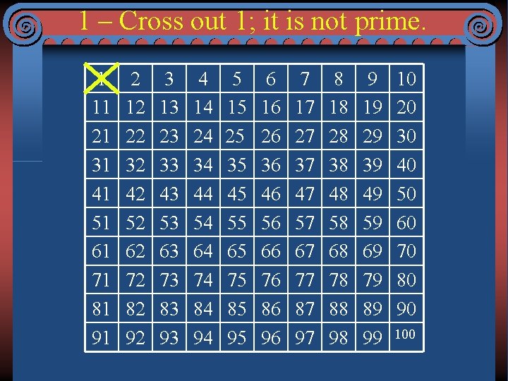 1 – Cross out 1; it is not prime. 1 11 21 31 41