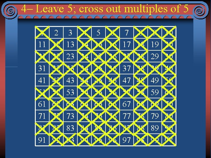 4– Leave 5; cross out multiples of 5 1 11 21 31 41 51