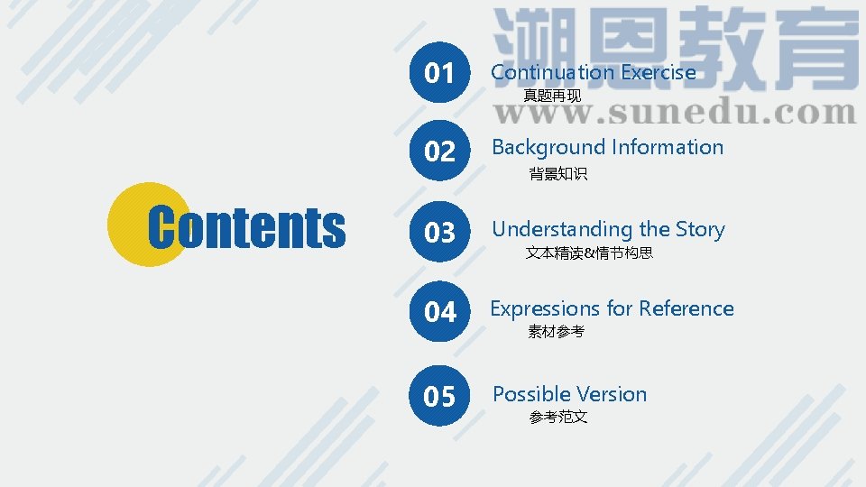 Contents 01 Continuation Exercise 02 Background Information 03 Understanding the Story 04 Expressions for Contents 01 Continuation Exercise 02 Background Information 03 Understanding the Story 04 Expressions for