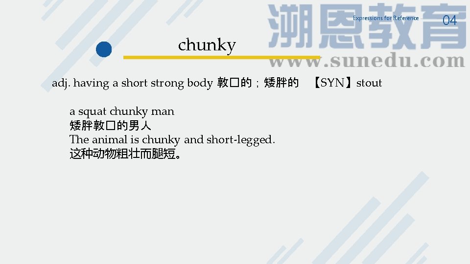 Expressions for Reference chunky adj. having a short strong body 敦�的;矮胖的 【SYN】stout a squat Expressions for Reference chunky adj. having a short strong body 敦�的;矮胖的 【SYN】stout a squat