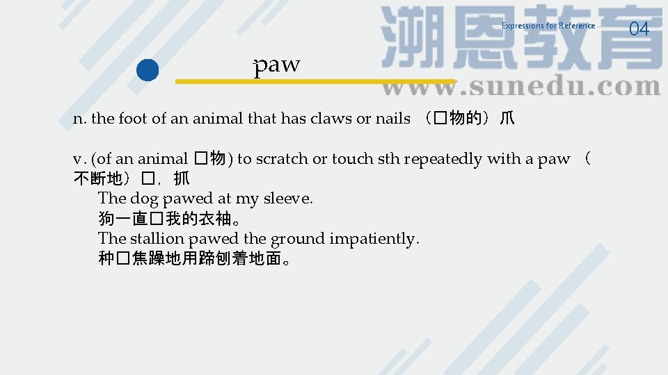 Expressions for Reference paw n. the foot of an animal that has claws or Expressions for Reference paw n. the foot of an animal that has claws or