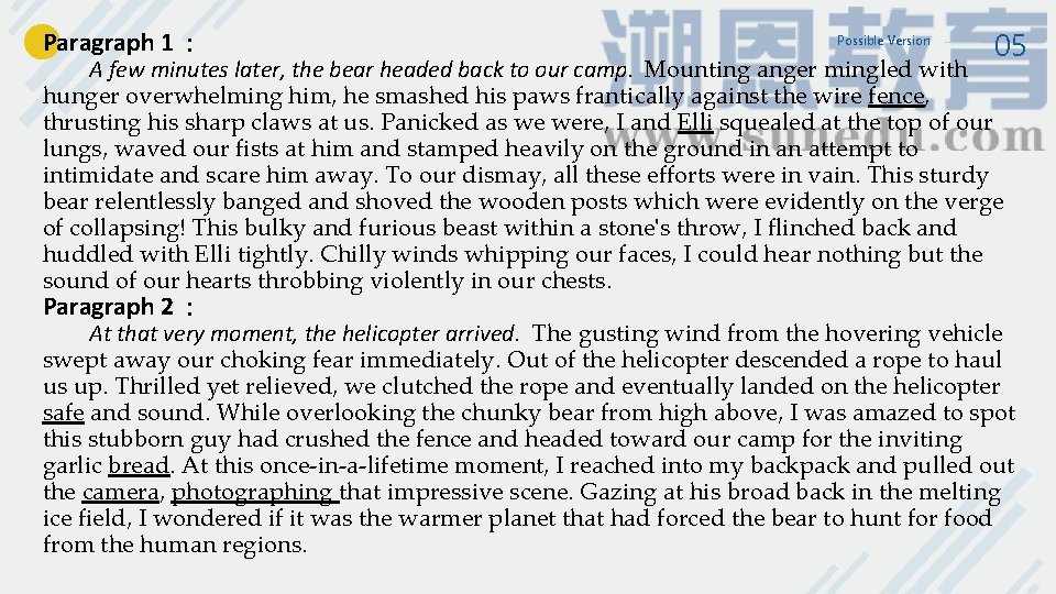 Paragraph 1 : Possible Version 05 A few minutes later, the bear headed back Paragraph 1 : Possible Version 05 A few minutes later, the bear headed back