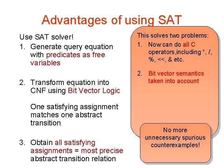 Advantages of using SAT Use SAT solver! 1. Generate query equation with predicates as