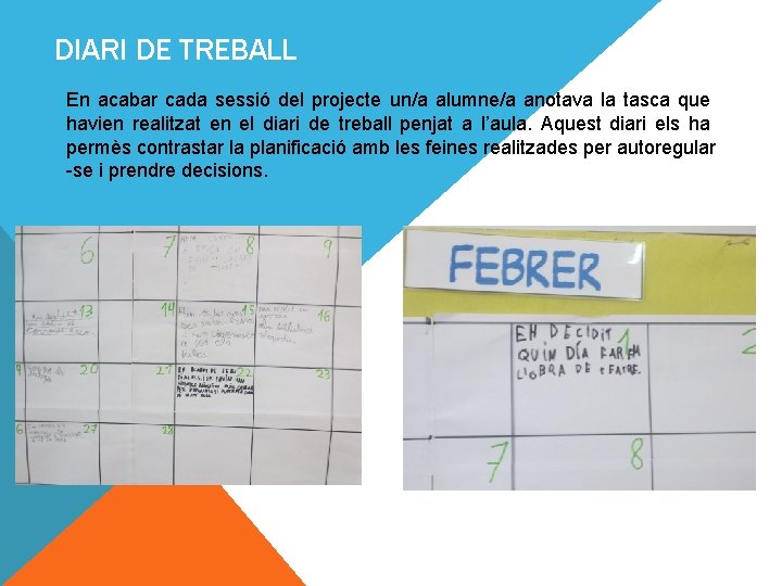 DIARI DE TREBALL En acabar cada sessió del projecte un/a alumne/a anotava la tasca