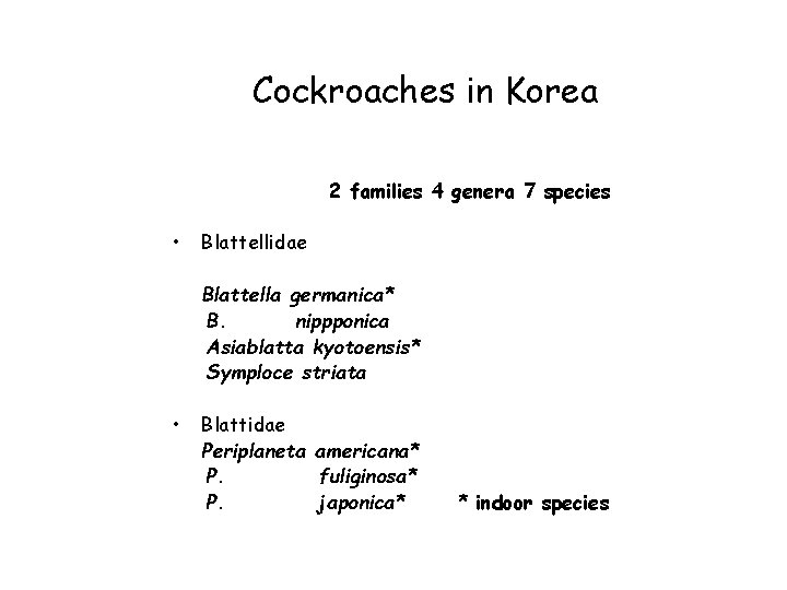 Cockroaches in Korea 2 families 4 genera 7 species • Blattellidae Blattella germanica* B.