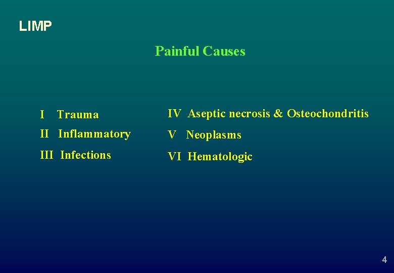 LIMP Painful Causes I Trauma IV Aseptic necrosis & Osteochondritis II Inflammatory V Neoplasms