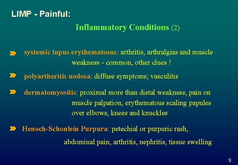 LIMP - Painful: Inflammatory Conditions (2) systemic lupus erythematosus: arthritis, arthralgias and muscle weakness
