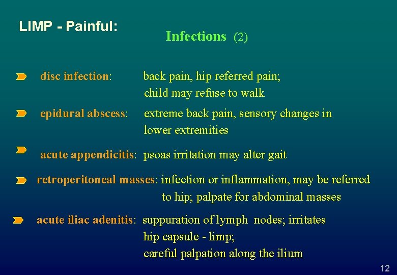LIMP - Painful: Infections (2) disc infection: back pain, hip referred pain; child may
