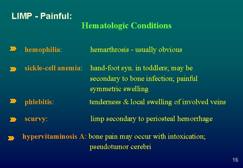 LIMP - Painful: hemophilia: Hematologic Conditions hemarthrosis - usually obvious sickle-cell anemia: hand-foot syn.