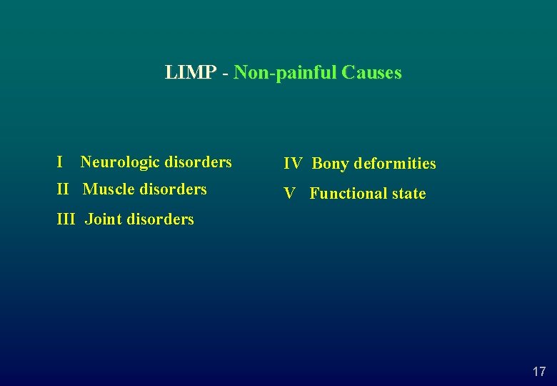 LIMP - Non-painful Causes I Neurologic disorders II Muscle disorders IV Bony deformities V