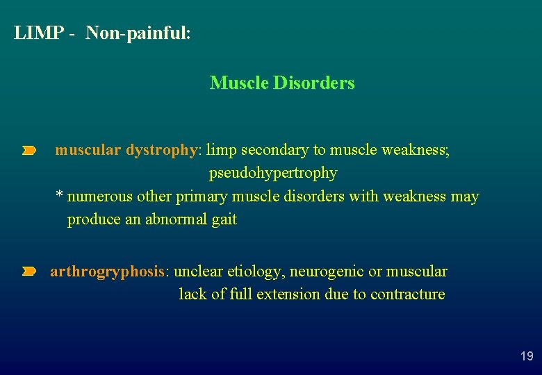 LIMP - Non-painful: Muscle Disorders muscular dystrophy: limp secondary to muscle weakness; pseudohypertrophy *