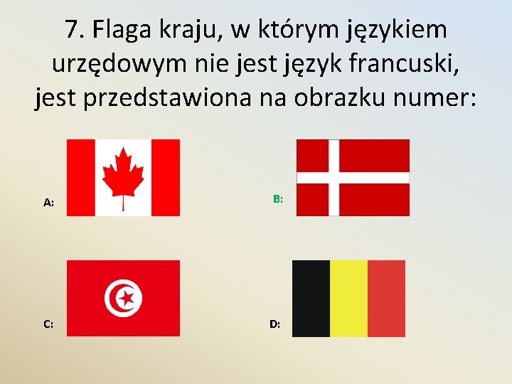 7. Flaga kraju, w którym językiem urzędowym nie jest język francuski, jest przedstawiona na