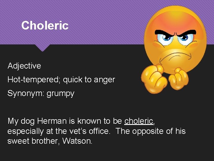 Choleric Adjective Hot-tempered; quick to anger Synonym: grumpy My dog Herman is known to